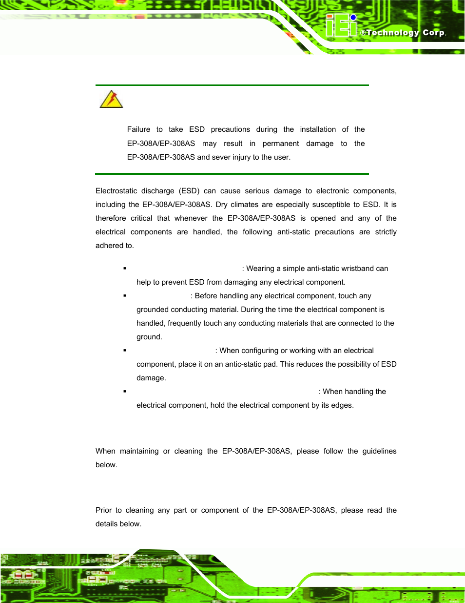 A.1.2 anti-static precautions, A.2 maintenance and cleaning precautions, A.2.1 maintenance and cleaning | Aintenance and, Leaning, Recautions | IEI Integration EP-308A v1.15 User Manual | Page 99 / 115