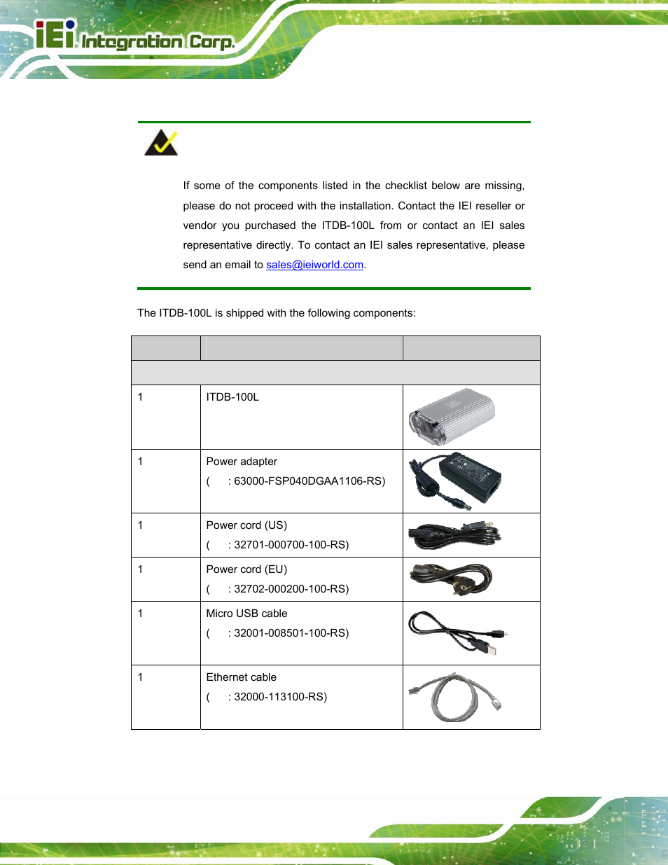 3 unpacking checklist, Npacking, Hecklist | IEI Integration ITDB-100L User Manual | Page 21 / 87