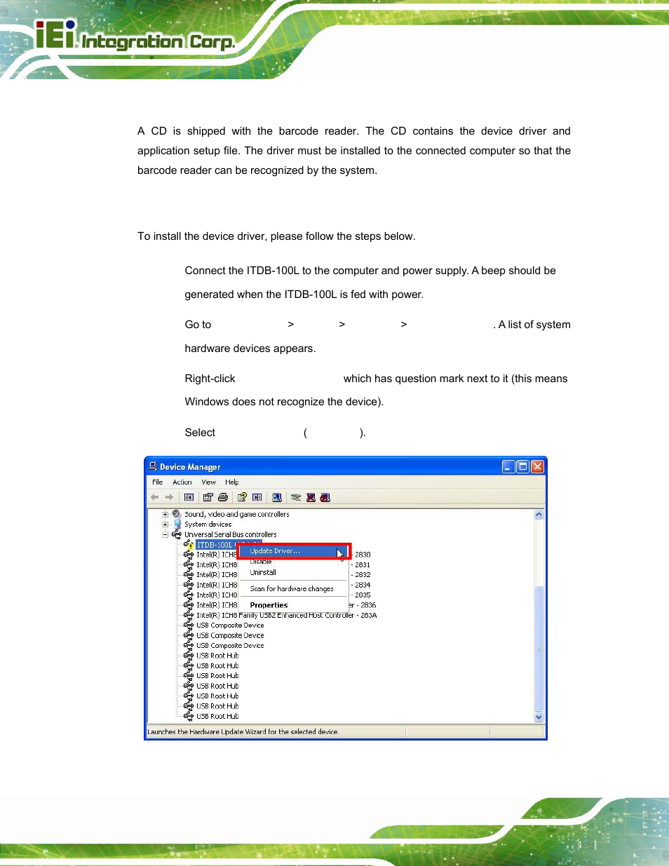 1 overview, 2 driver installation, Verview | River, Nstallation, Figure 4-1: device manager | IEI Integration ITDB-100L User Manual | Page 37 / 87