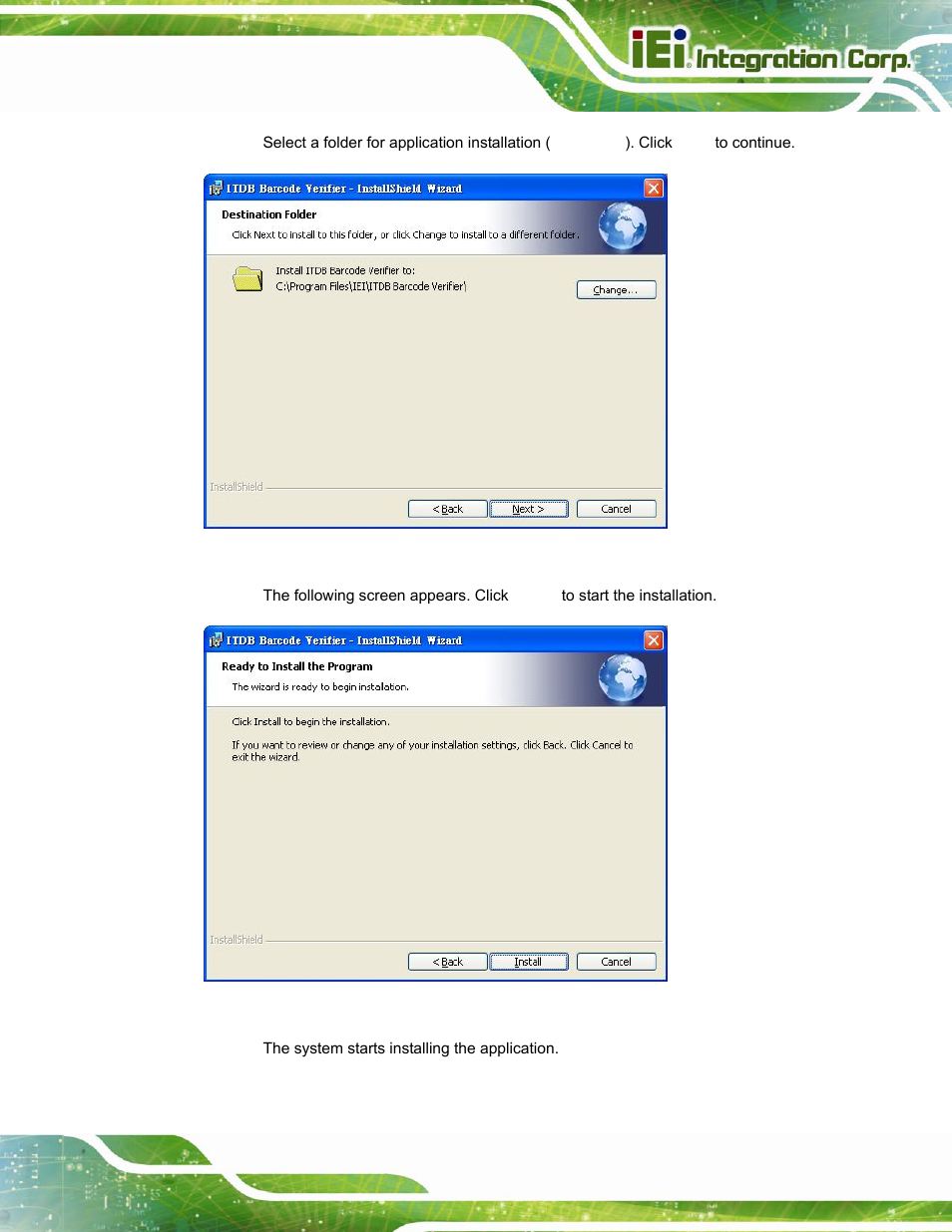 Figure 4-8: select installation folder, Figure 4-9: ready for installation | IEI Integration ITDB-100L User Manual | Page 42 / 87