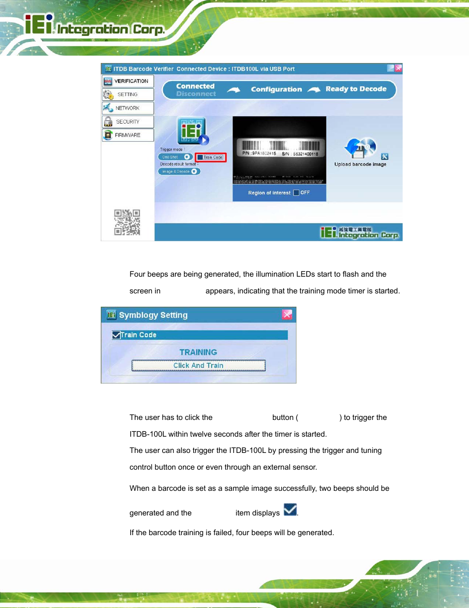 Figure 5-12: train code item, Figure 5-13: training mode timer is started | IEI Integration ITDB-100L User Manual | Page 53 / 87