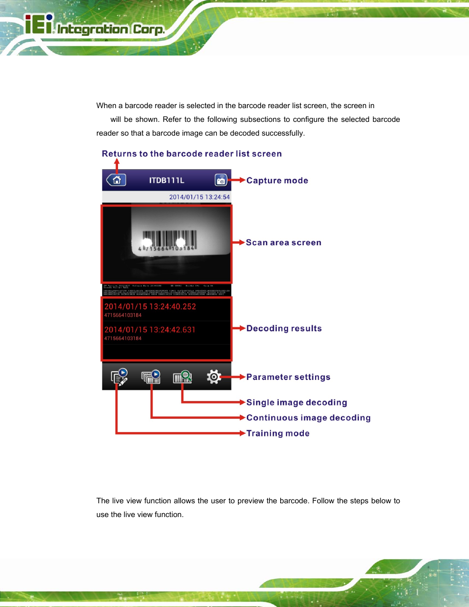 1 live view function, Onfiguring the, Arcode | Eader to, Ecode an, Mage, Uccessfully, Figure 6-4: decoding image screen | IEI Integration ITDB-100L User Manual | Page 69 / 87