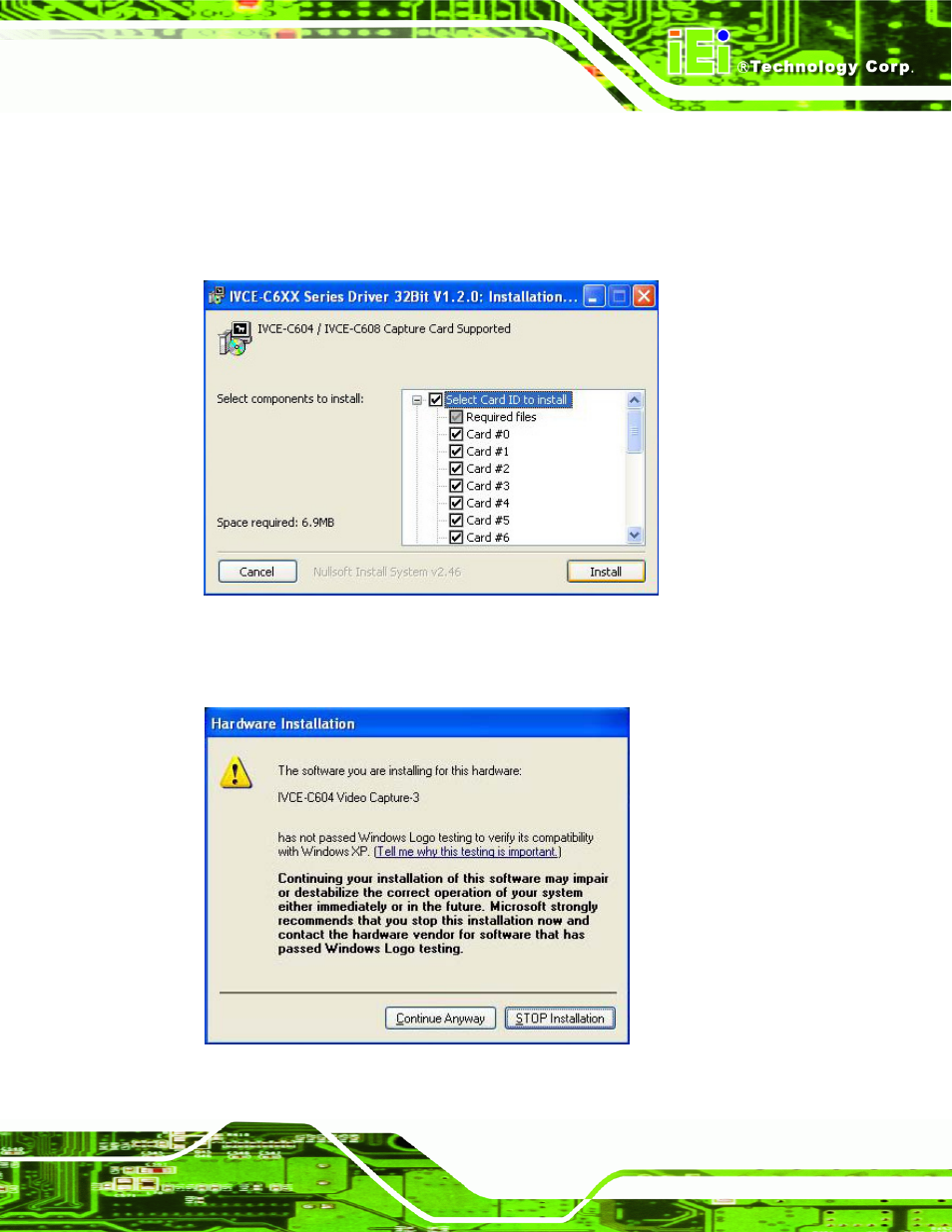 Figure 6-3: driver installation - select card id, Figure 6-4: windows warning window | IEI Integration IVCME-C604 User Manual | Page 57 / 81