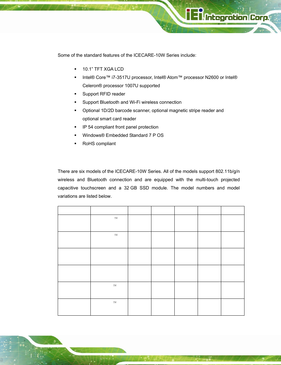 2 features, 3 model variations, Eatures | Odel, Ariations, Table 1-1: model variations, Icecare-10w mobile sales assistant page 3 | IEI Integration ICECEARE-10W User Manual | Page 15 / 107