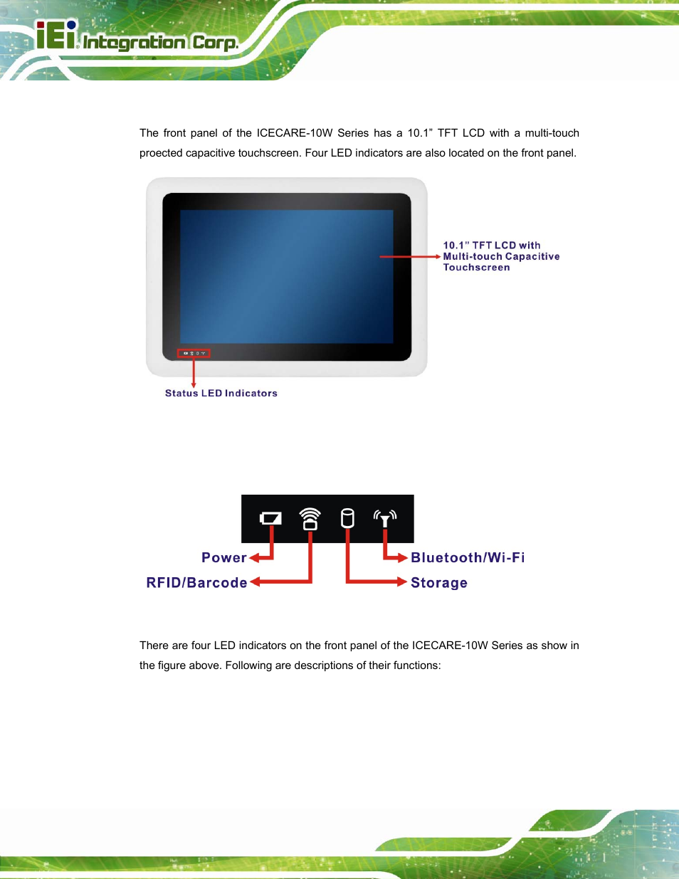 4 front panel, 1 status indicators, Ront | Anel, Figure 1-2: front panel, Figure 1-3: front panel led indicators | IEI Integration ICECEARE-10W User Manual | Page 16 / 107