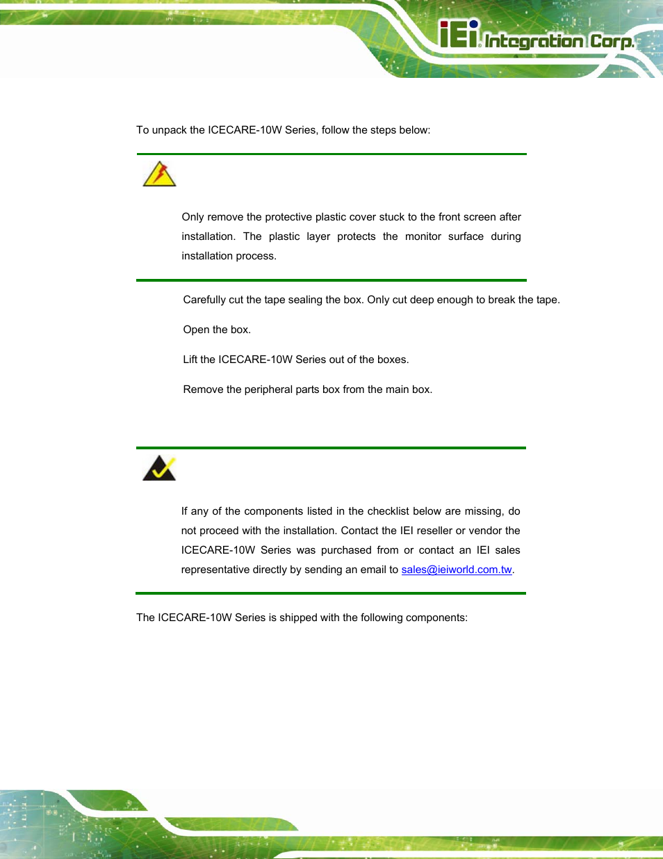 1 unpack the system, 2 packing list, Npack the | Ystem, Acking | IEI Integration ICECEARE-10W User Manual | Page 23 / 107