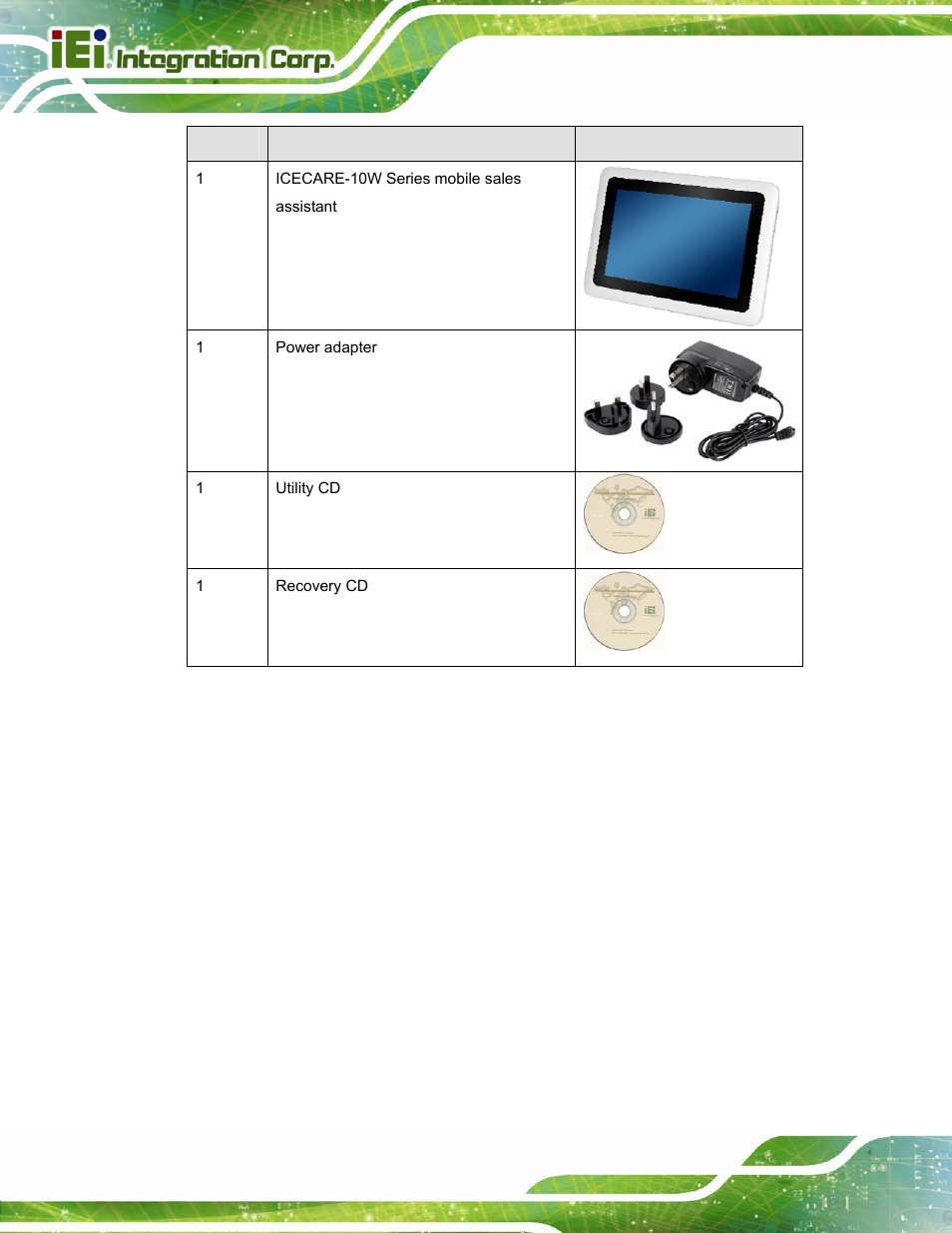 Table 2-1: packing list | IEI Integration ICECEARE-10W User Manual | Page 24 / 107