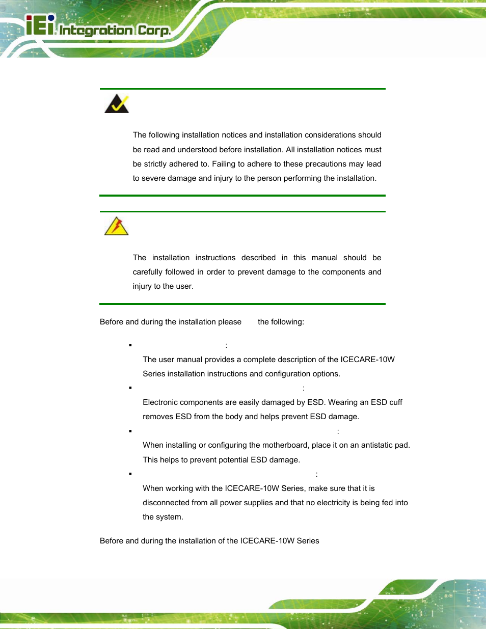 1 installation considerations, Nstallation, Onsiderations | IEI Integration ICECEARE-10W User Manual | Page 26 / 107