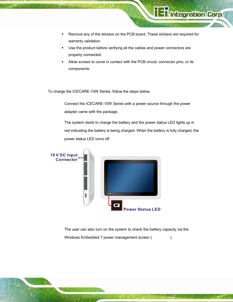 2 charge the sytem, Harge the, Ytem | IEI Integration ICECEARE-10W User Manual | Page 27 / 107