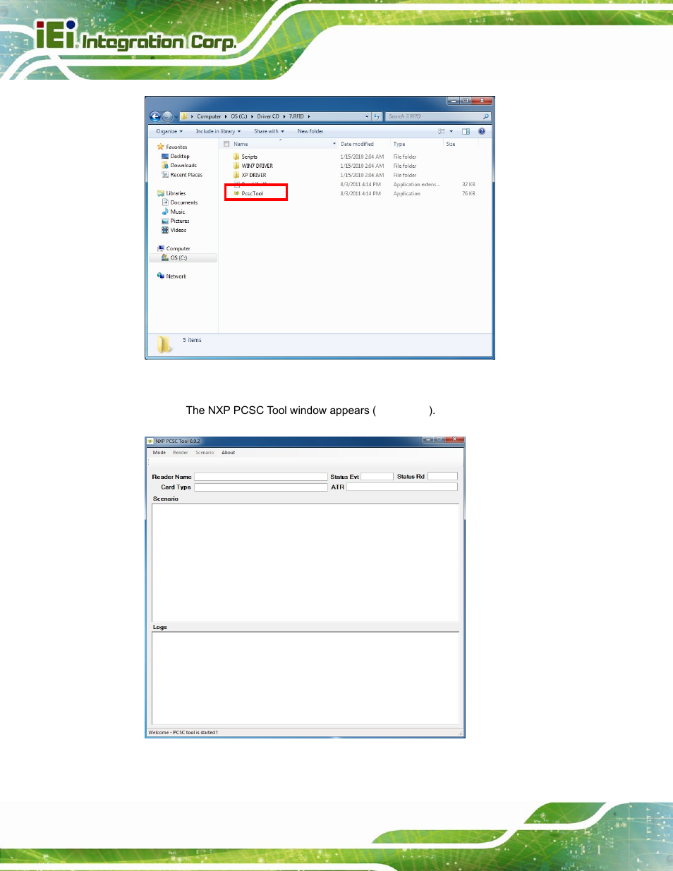 Figure 3-4: pcsctool location, Figure 3-5: nxp pcsc tool screen | IEI Integration ICECEARE-10W User Manual | Page 30 / 107