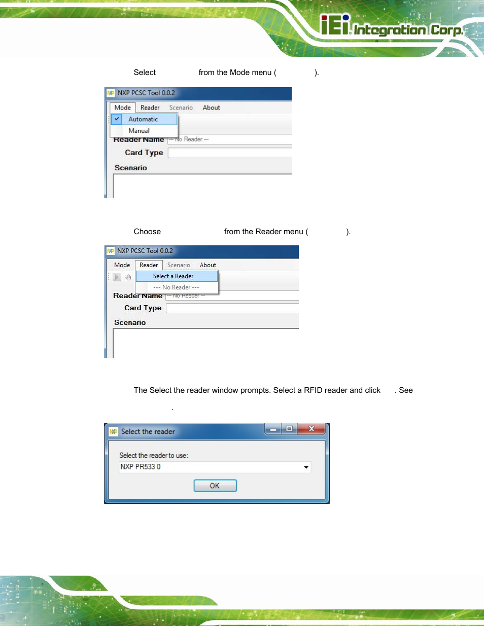 Figure 3-6: nxp pcsc tool – mode selection, Figure 3-7: nxp pcsc tool – reader selection, Figure 3-8: nxp pcsc tool – select the reader | IEI Integration ICECEARE-10W User Manual | Page 31 / 107