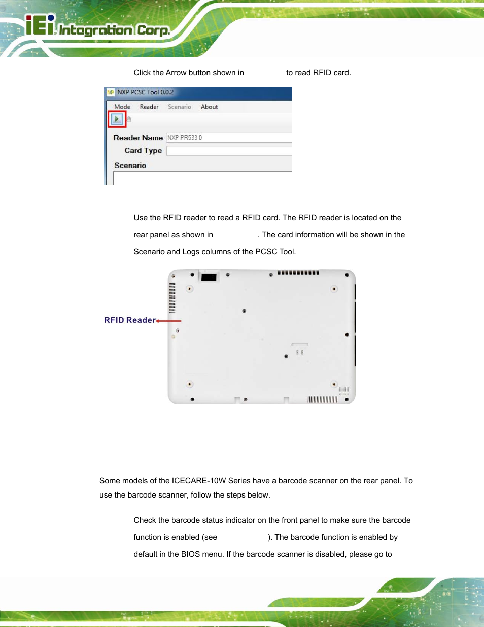 5 using barcode scanner, Sing, Arcode | Canner, Figure 3-9: nxp pcsc tool – read rfid card, Figure 3-10: rfid reader location | IEI Integration ICECEARE-10W User Manual | Page 32 / 107