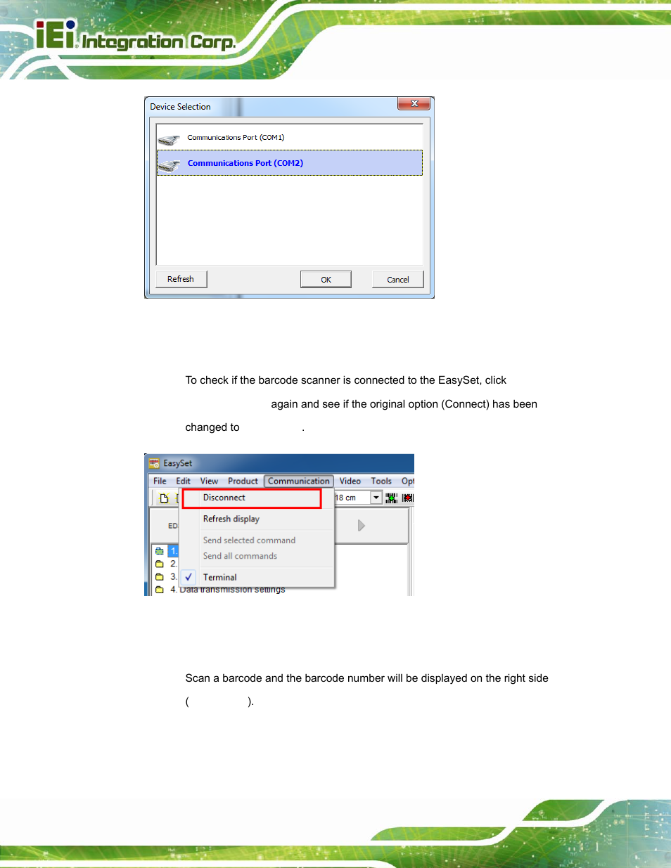 Figure 3-16: device selection window, Figure 3-17: communication – disconnect | IEI Integration ICECEARE-10W User Manual | Page 36 / 107