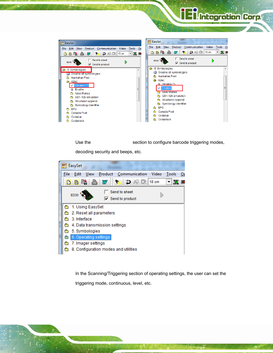Figure 3-20: symbologies, Figure 3-21: operating settings | IEI Integration ICECEARE-10W User Manual | Page 39 / 107