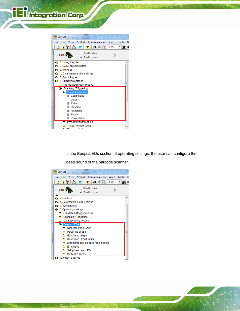 Figure 3-22: scanning/triggering, Figure 3-23: beeps/green indicator led | IEI Integration ICECEARE-10W User Manual | Page 40 / 107