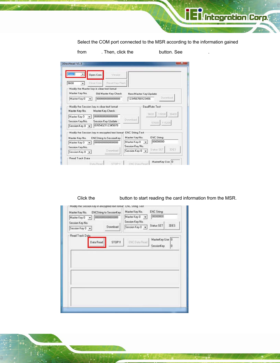 Figure 3-26: 3desheadv1.3 – open com, Figure 3-27: 3desheadv1.3 – data read | IEI Integration ICECEARE-10W User Manual | Page 43 / 107