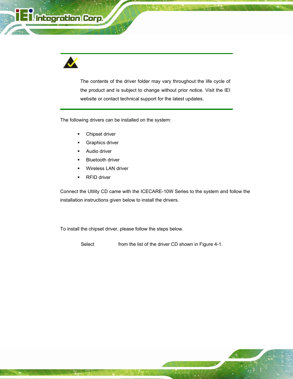1 available software drivers, 2 intel® chipset driver, Vailable | Oftware, Rivers, Ntel, Hipset, River | IEI Integration ICECEARE-10W User Manual | Page 48 / 107