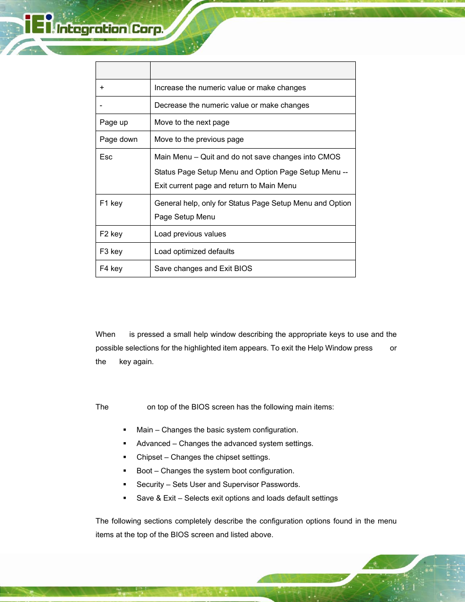 3 getting help, 4 bios menu bar, Table 5-1: bios navigation keys | IEI Integration ICECEARE-10W User Manual | Page 62 / 107