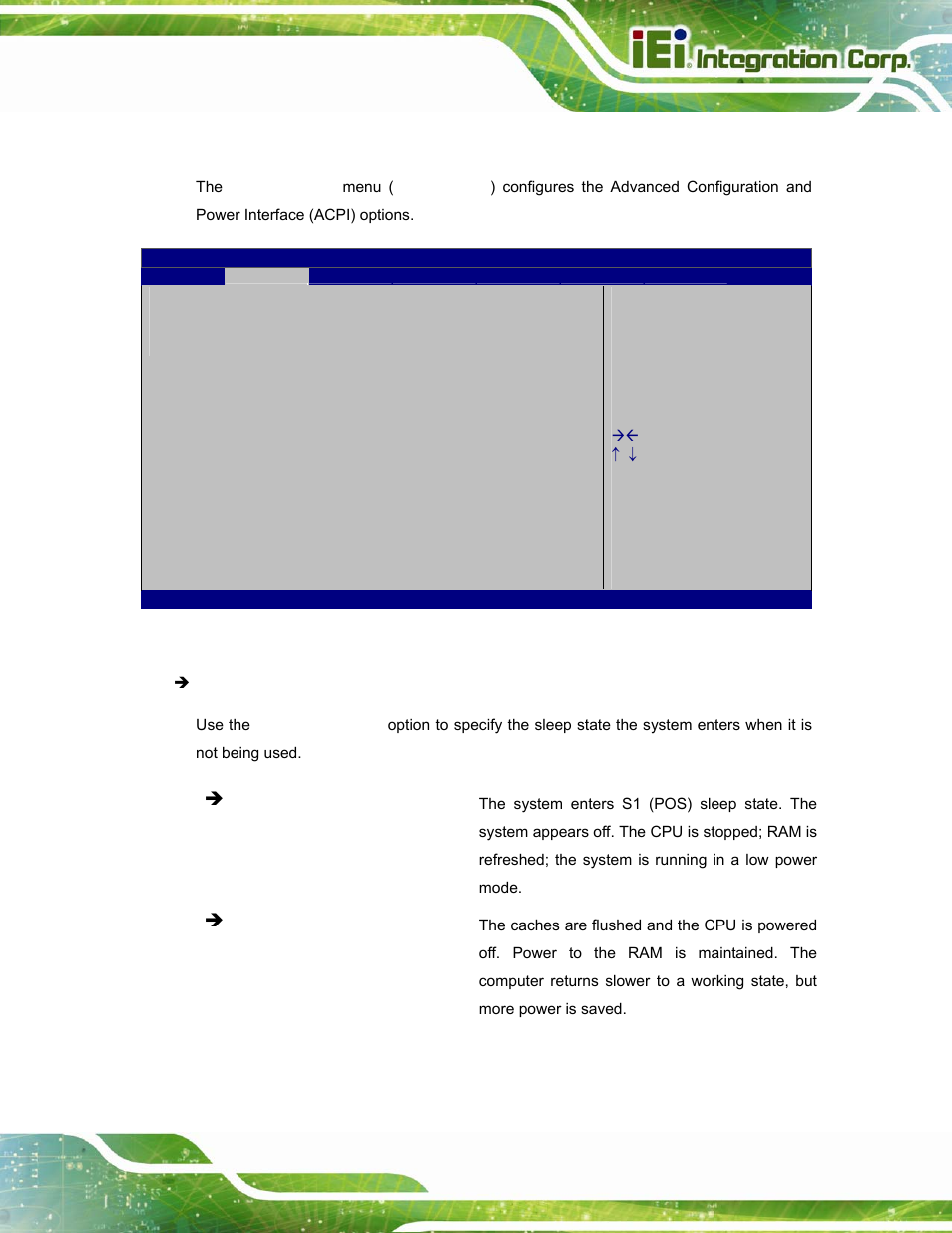 1 acpi settings, Bios menu 3: acpi configuration | IEI Integration ICECEARE-10W User Manual | Page 65 / 107