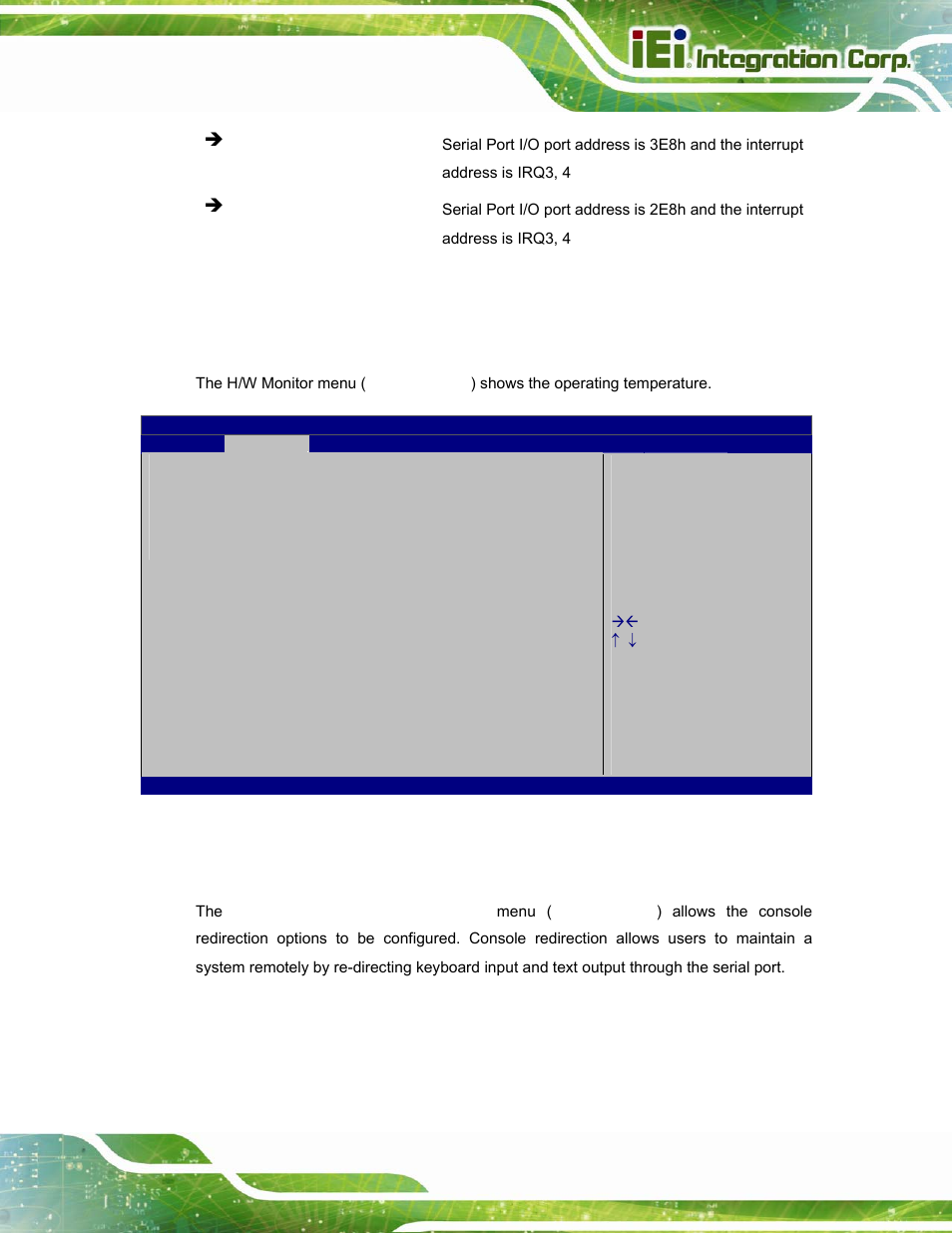 9 h/w monitor, 10 serial port console redirection, Bios menu 12: hardware health configuration | Figure 1-5, Figure 1-5: side panels, The men | IEI Integration ICECEARE-10W User Manual | Page 75 / 107