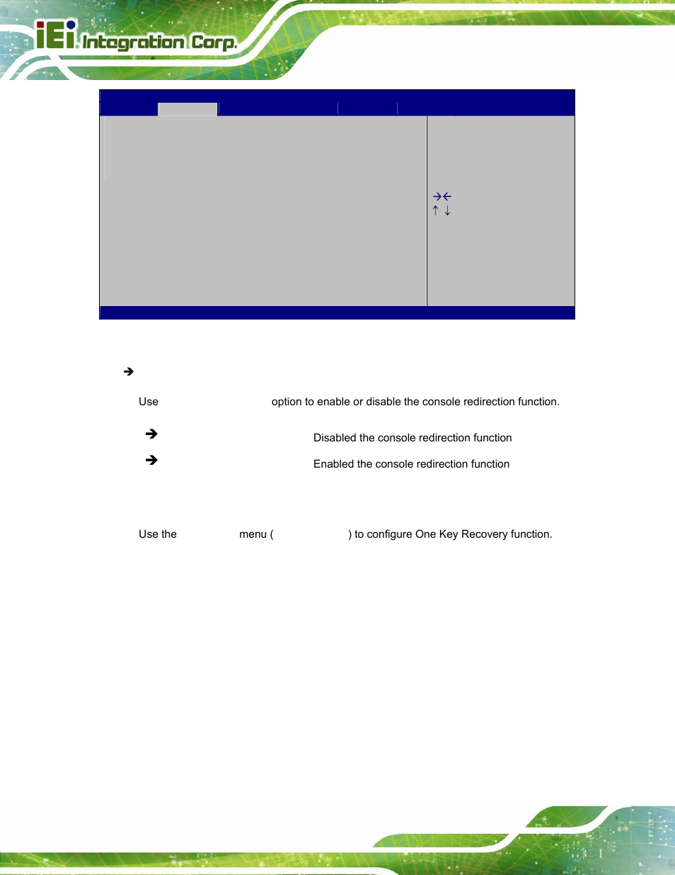 11 iei feature, Bios menu 13: serial port console redirection | IEI Integration ICECEARE-10W User Manual | Page 76 / 107