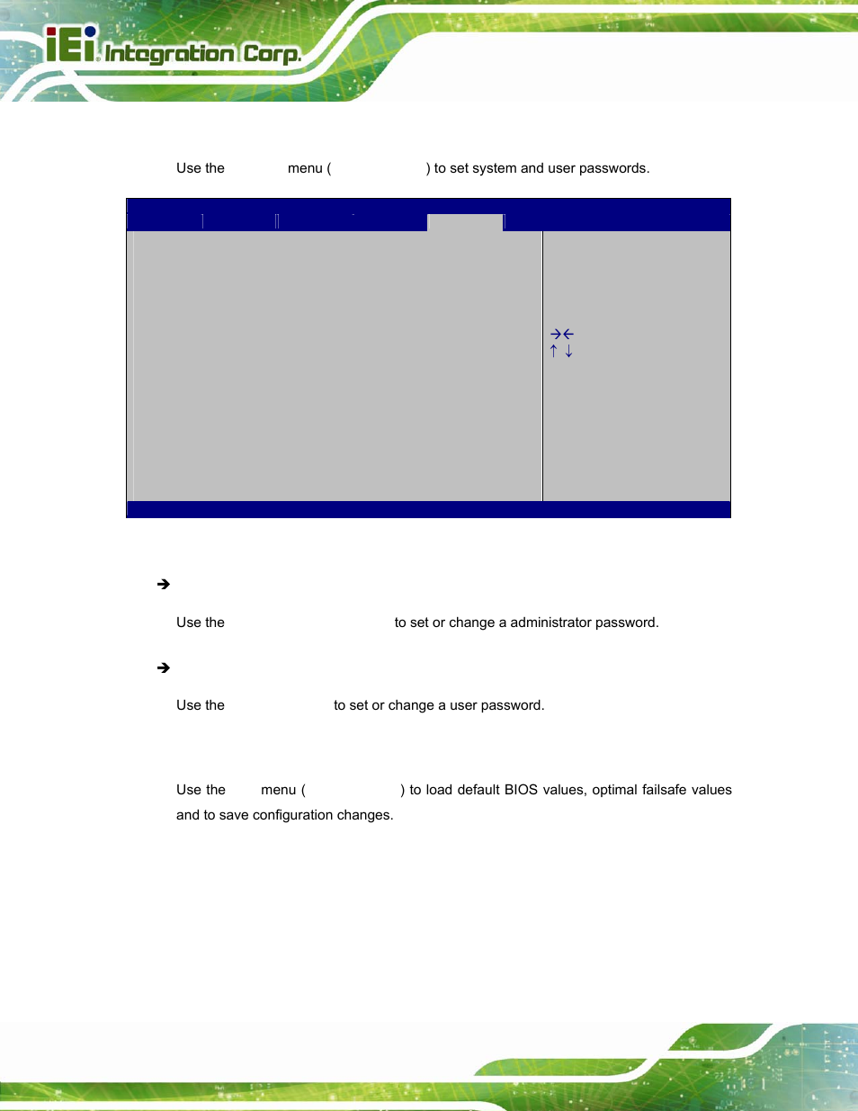 6 security, 7 exit, Ecurity | Bios menu 21: security | IEI Integration ICECEARE-10W User Manual | Page 86 / 107
