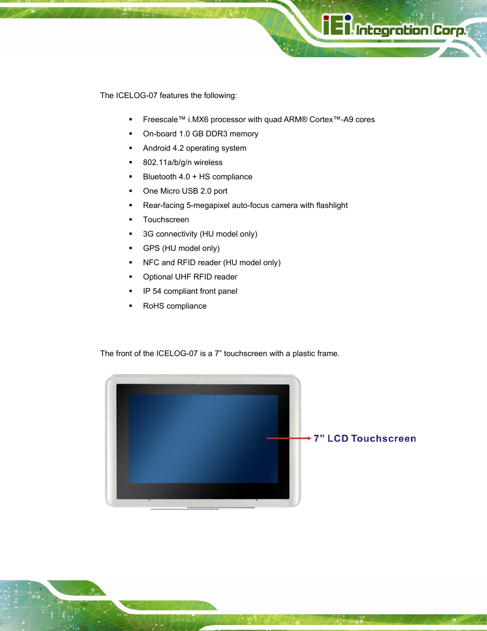 3 features, 4 front panel, Eatures | Ront, Anel, Figure 1-2: front view | IEI Integration ICELOG 7 User Manual | Page 12 / 68