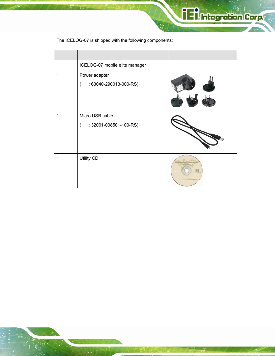 Table 2-1: packing list | IEI Integration ICELOG 7 User Manual | Page 20 / 68