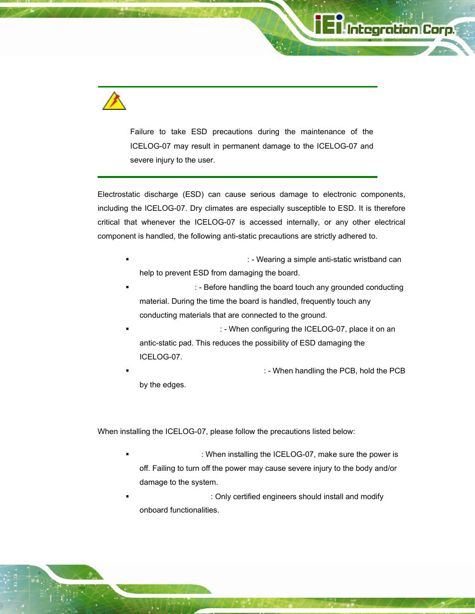 1 anti-static precautions, 2 installation precautions, Static | Recautions, Nstallation | IEI Integration ICELOG 7 User Manual | Page 22 / 68