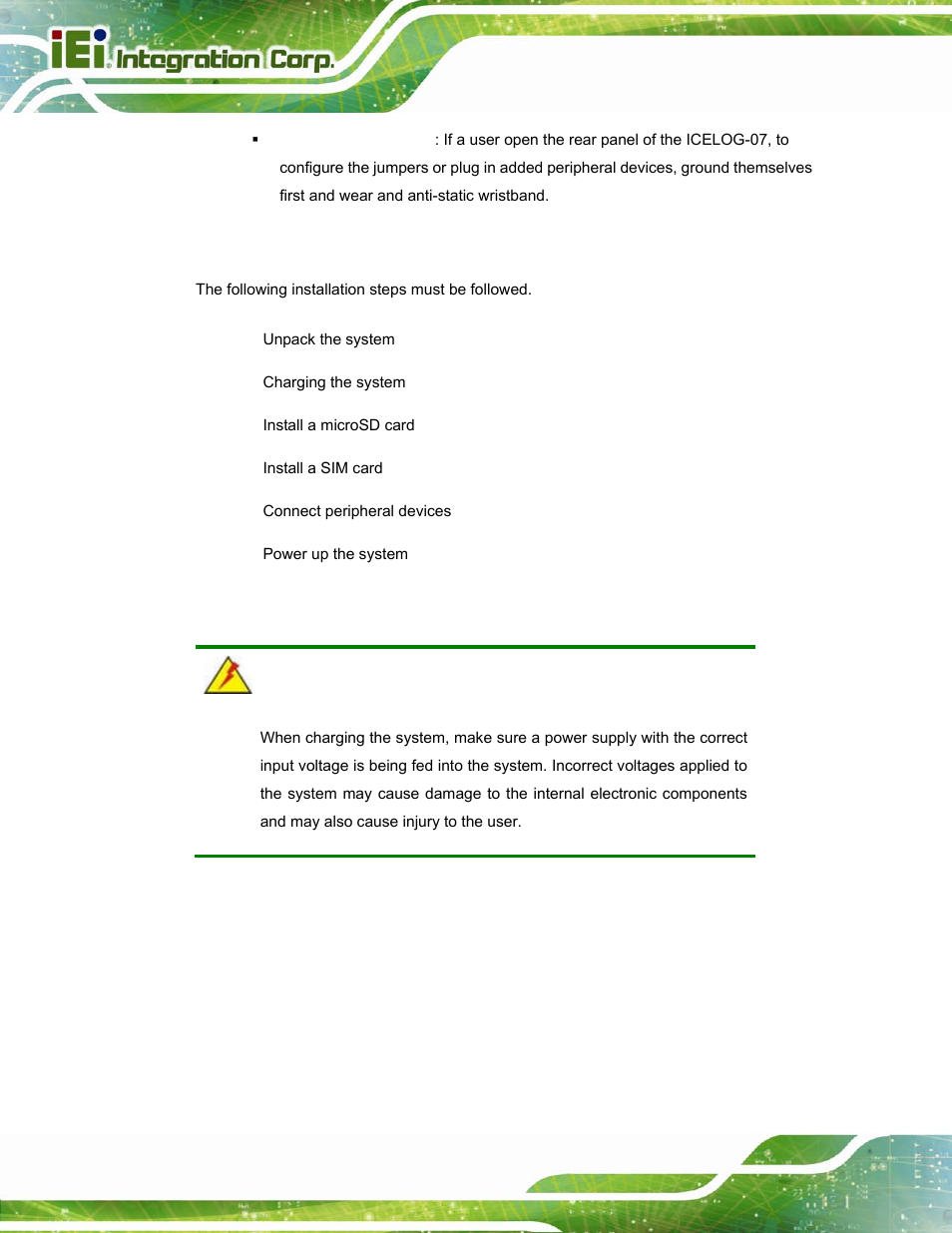 3 installation and configuration steps, 4 charging the system, Nstallation and | Onfiguration, Teps, Harging the, Ystem | IEI Integration ICELOG 7 User Manual | Page 23 / 68