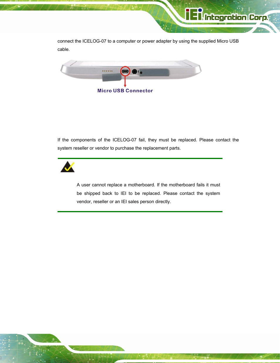 8 system maintenance, Ystem, Aintenance | Figure 3-9: icelog-07 micro usb port | IEI Integration ICELOG 7 User Manual | Page 28 / 68