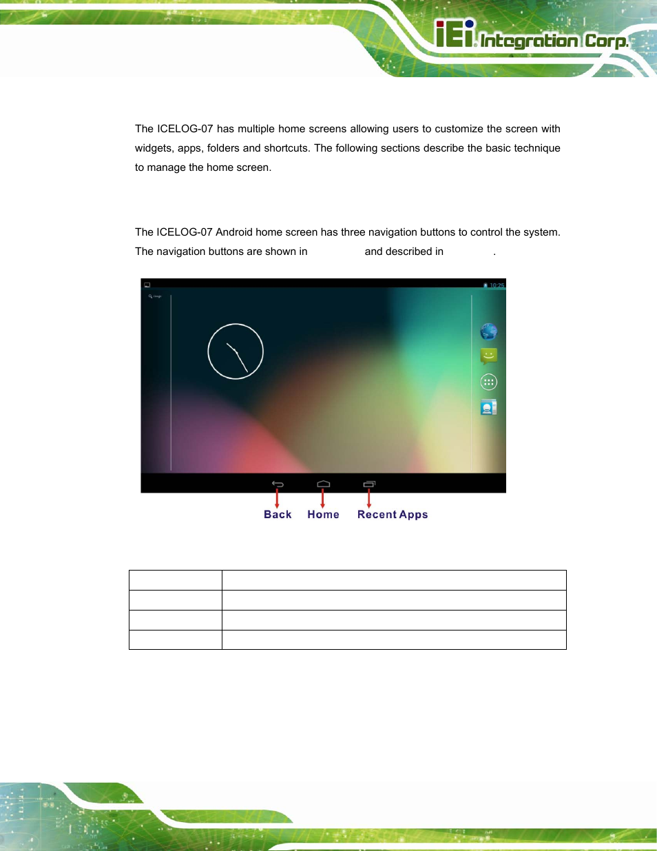 2 home screen, 1 navigation buttons, Creen | Figure 4-4: navigation buttons, Table 4-1: navigation buttons | IEI Integration ICELOG 7 User Manual | Page 32 / 68