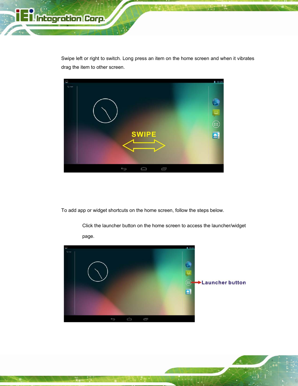 2 multiple home screens, 3 adding shortcut, Figure 4-5: multiple home screens | Figure 4-6: launcher button | IEI Integration ICELOG 7 User Manual | Page 33 / 68