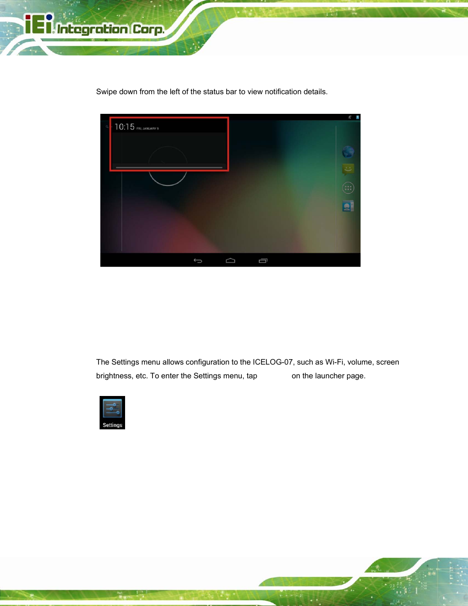 4 settings, Ettings, Figure 4-12: status bar – notification | IEI Integration ICELOG 7 User Manual | Page 37 / 68