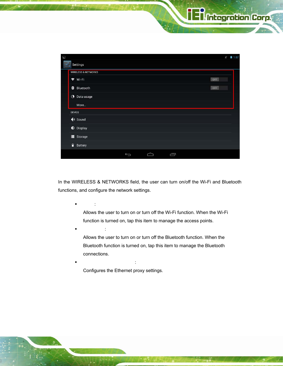 1 wireless & networks, Figure 4-13: wireless and networks settings | IEI Integration ICELOG 7 User Manual | Page 38 / 68