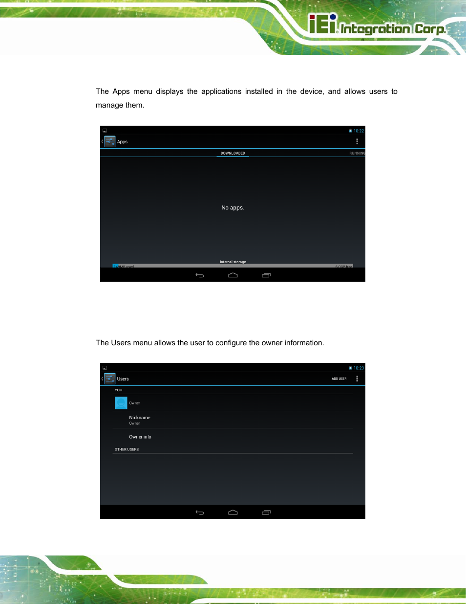6 apps, 7 users, Figure 4-19: apps menu | Figure 4-20: users menu | IEI Integration ICELOG 7 User Manual | Page 44 / 68