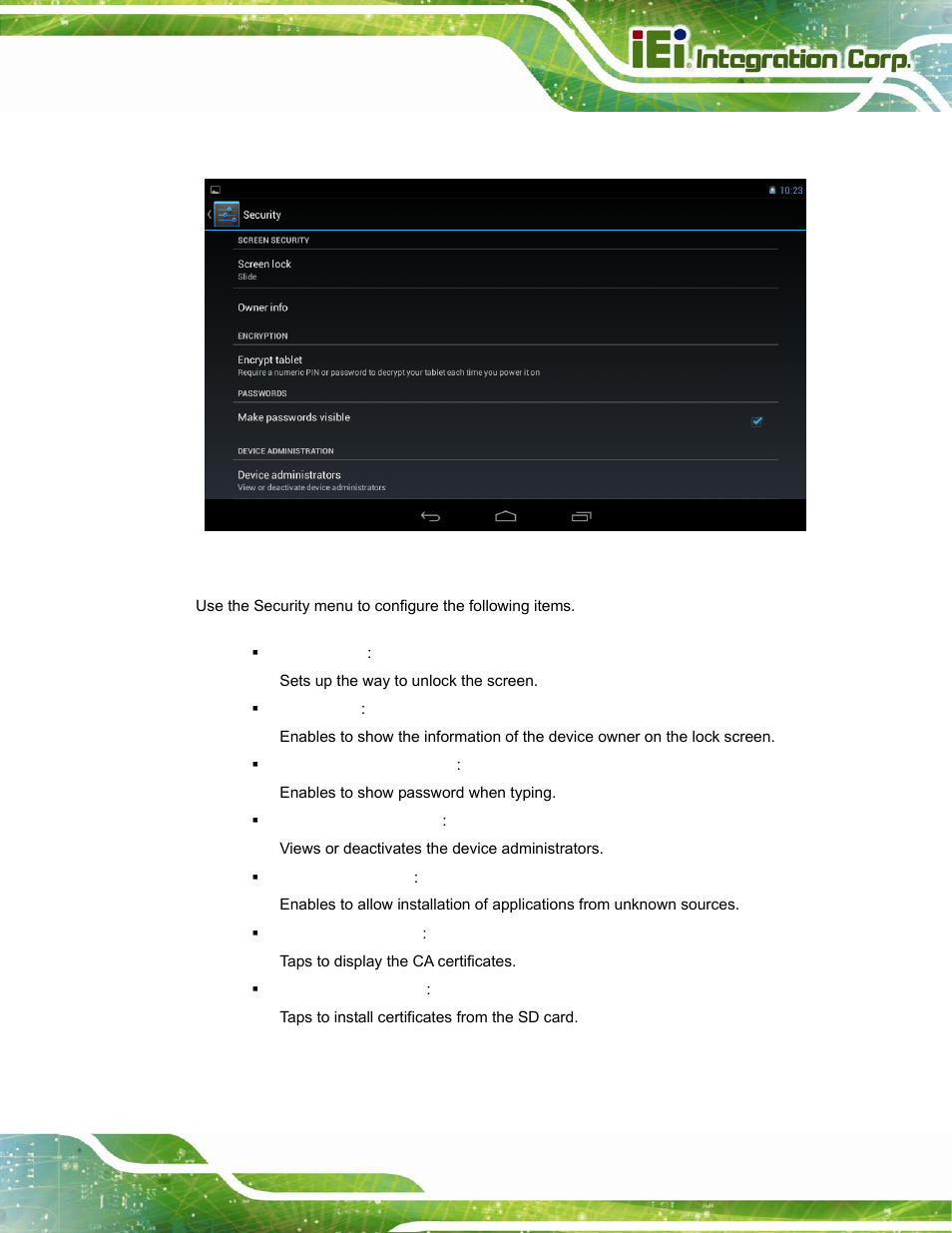 9 security, Figure 4-22: security menu | IEI Integration ICELOG 7 User Manual | Page 46 / 68