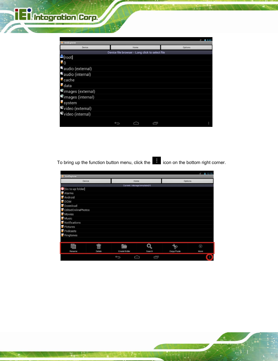 Figure 4-30: andexplorer screen, Figure 4-31: andexplorer – function button menu | IEI Integration ICELOG 7 User Manual | Page 53 / 68