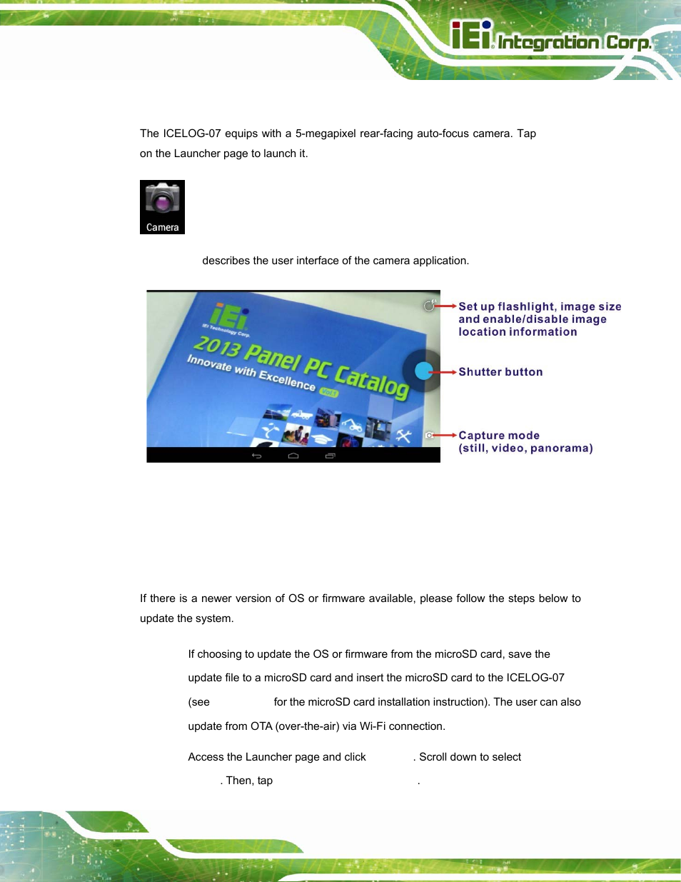 6 camera, 7 system update, Amera | Ystem, Pdate, Figure 4-32: camera application | IEI Integration ICELOG 7 User Manual | Page 54 / 68