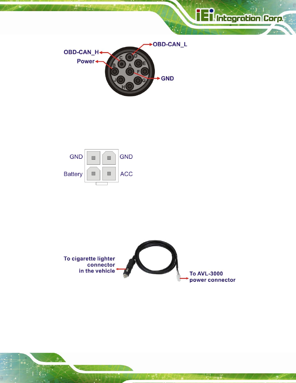 5 power input connection, Figure 3-13: j1939/fms connector pinouts, Figure 3-14: power input connector | Figure 3-15: cigarette lighter cable | IEI Integration AVL-3000 User Manual | Page 37 / 151