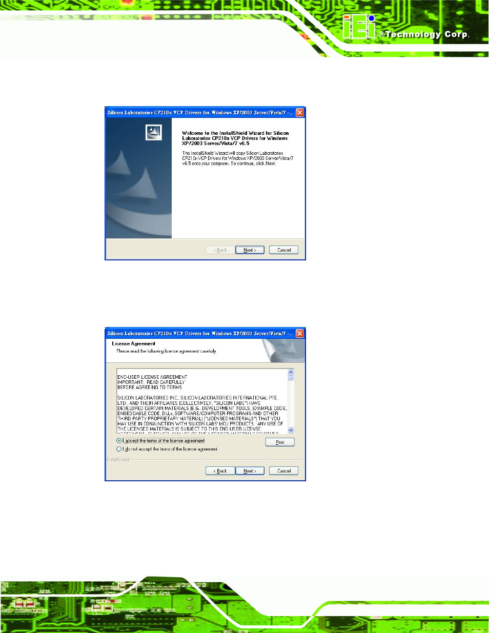 Figure 4-2: driver welcome screen, Figure 4-3: driver license agreement screen | IEI Integration AUPS-C20 v1.01 User Manual | Page 31 / 49