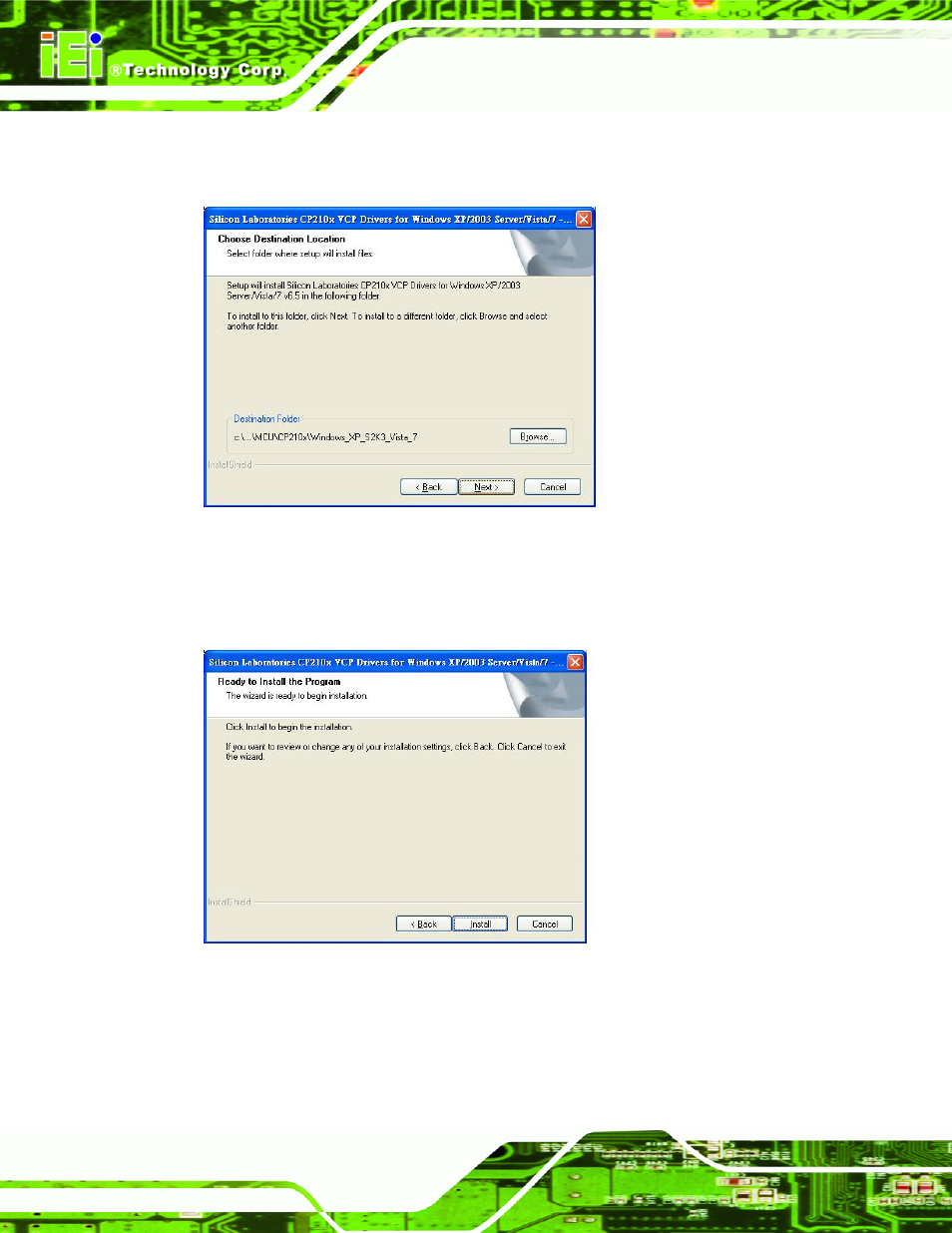 Figure 4-4: choose destination location, Figure 4-5: ready to install the driver | IEI Integration AUPS-C20 v1.01 User Manual | Page 32 / 49