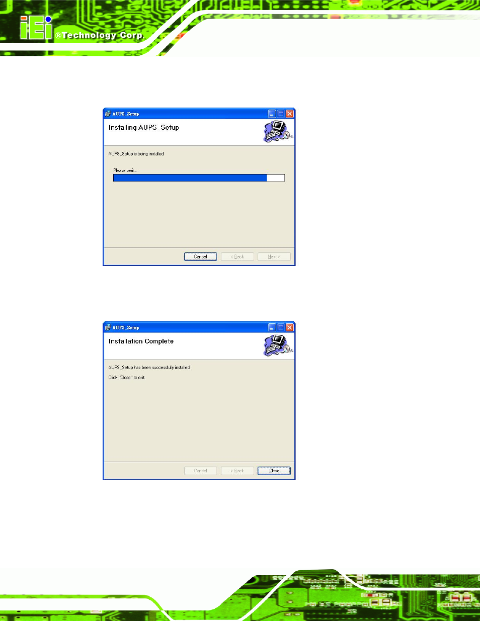 Figure 4-12: installing aups, Figure 4-13: installation complete | IEI Integration AUPS-C20 v1.01 User Manual | Page 36 / 49