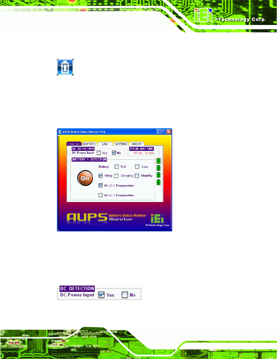 3 status information, 1 dc detection, Figure 4-15: status information | Figure 4-16: dc detection | IEI Integration AUPS-C20 v1.01 User Manual | Page 37 / 49