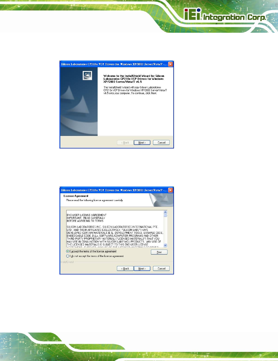 Figure 4-2: driver welcome screen, Figure 4-3: driver license agreement screen | IEI Integration AUPS-C20 v1.02 User Manual | Page 31 / 55