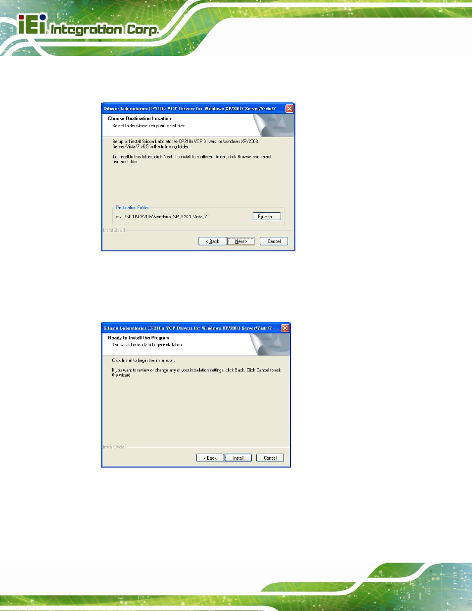 Figure 4-4: choose destination location, Figure 4-5: ready to install the driver | IEI Integration AUPS-C20 v1.02 User Manual | Page 32 / 55