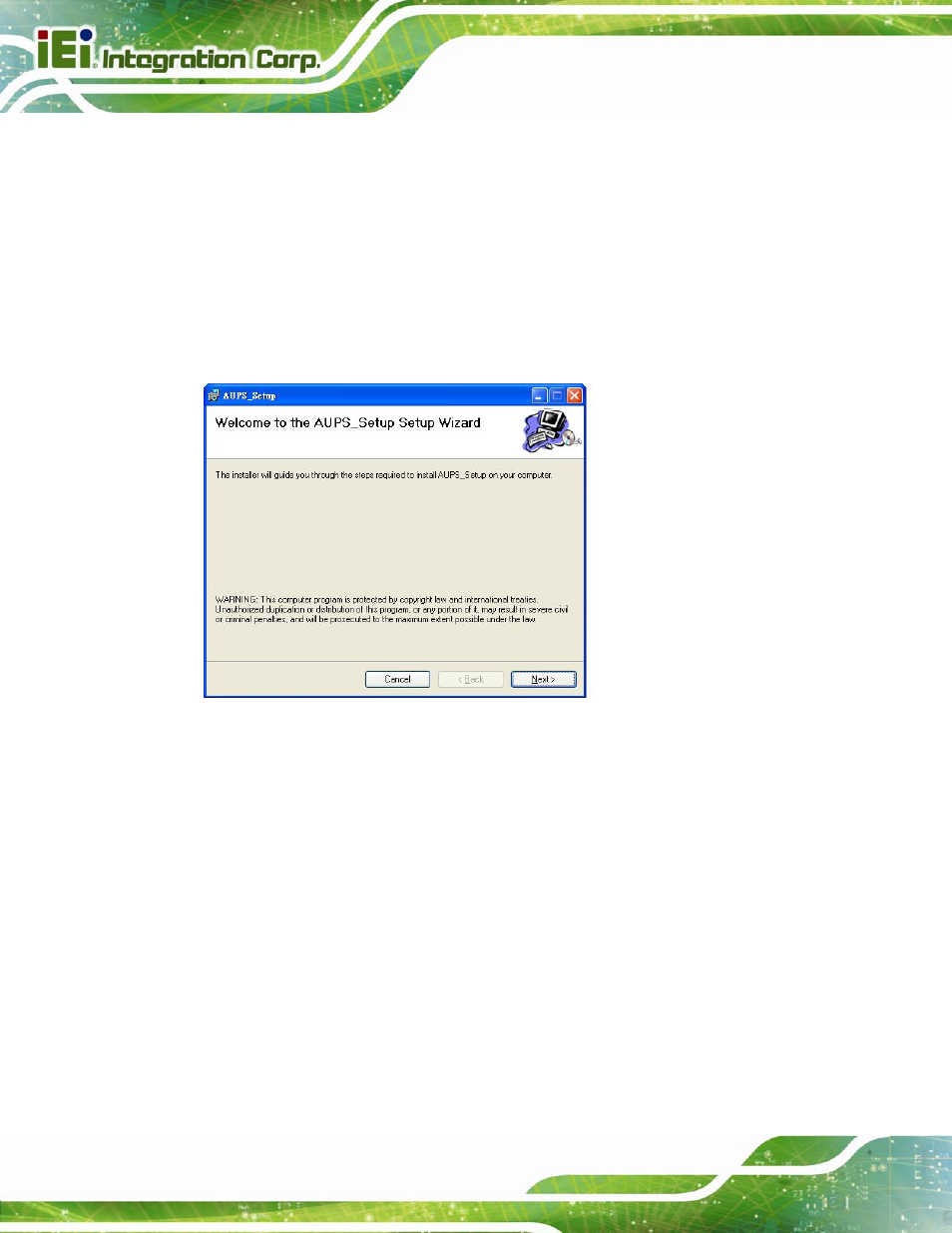 2 application installation, Figure 4-9: welcome screen | IEI Integration AUPS-C20 v1.02 User Manual | Page 34 / 55