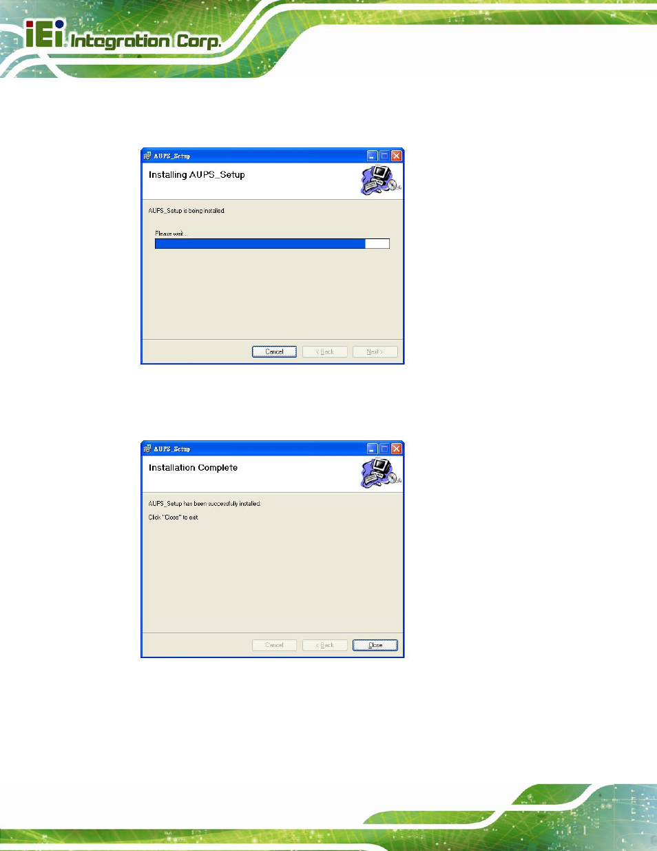 Figure 4-12: installing aups, Figure 4-13: installation complete | IEI Integration AUPS-C20 v1.02 User Manual | Page 36 / 55