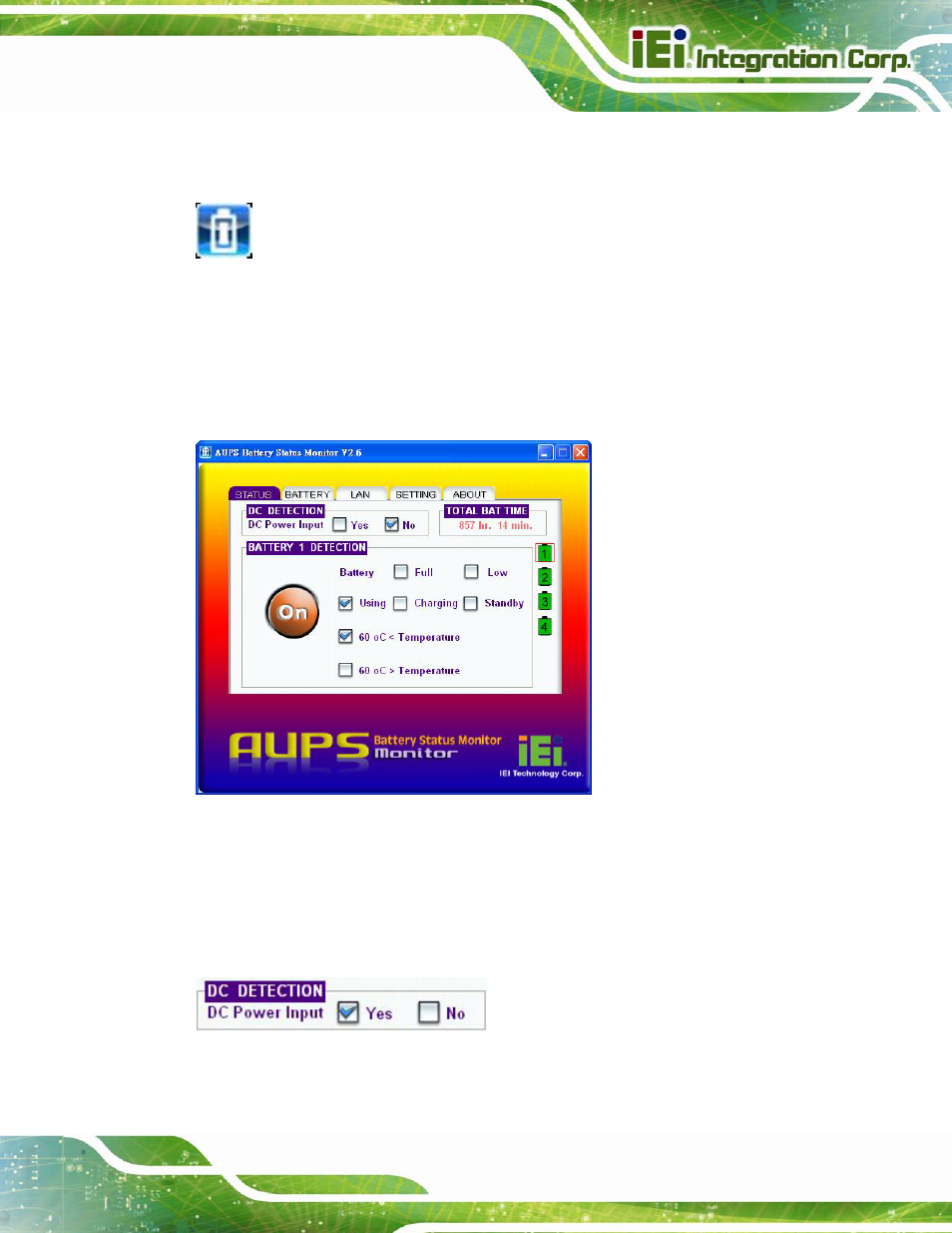 3 status information, 1 dc detection, Figure 4-15: status information | Figure 4-16: dc detection | IEI Integration AUPS-C20 v1.02 User Manual | Page 37 / 55