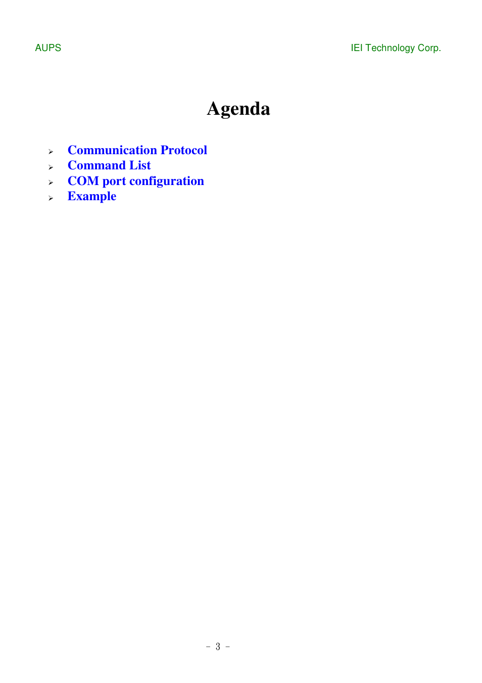 Agenda, Communication protocol, Command list | Com port configuration, Example | IEI Integration AUPS UART Protocal SPC User Manual | Page 3 / 11